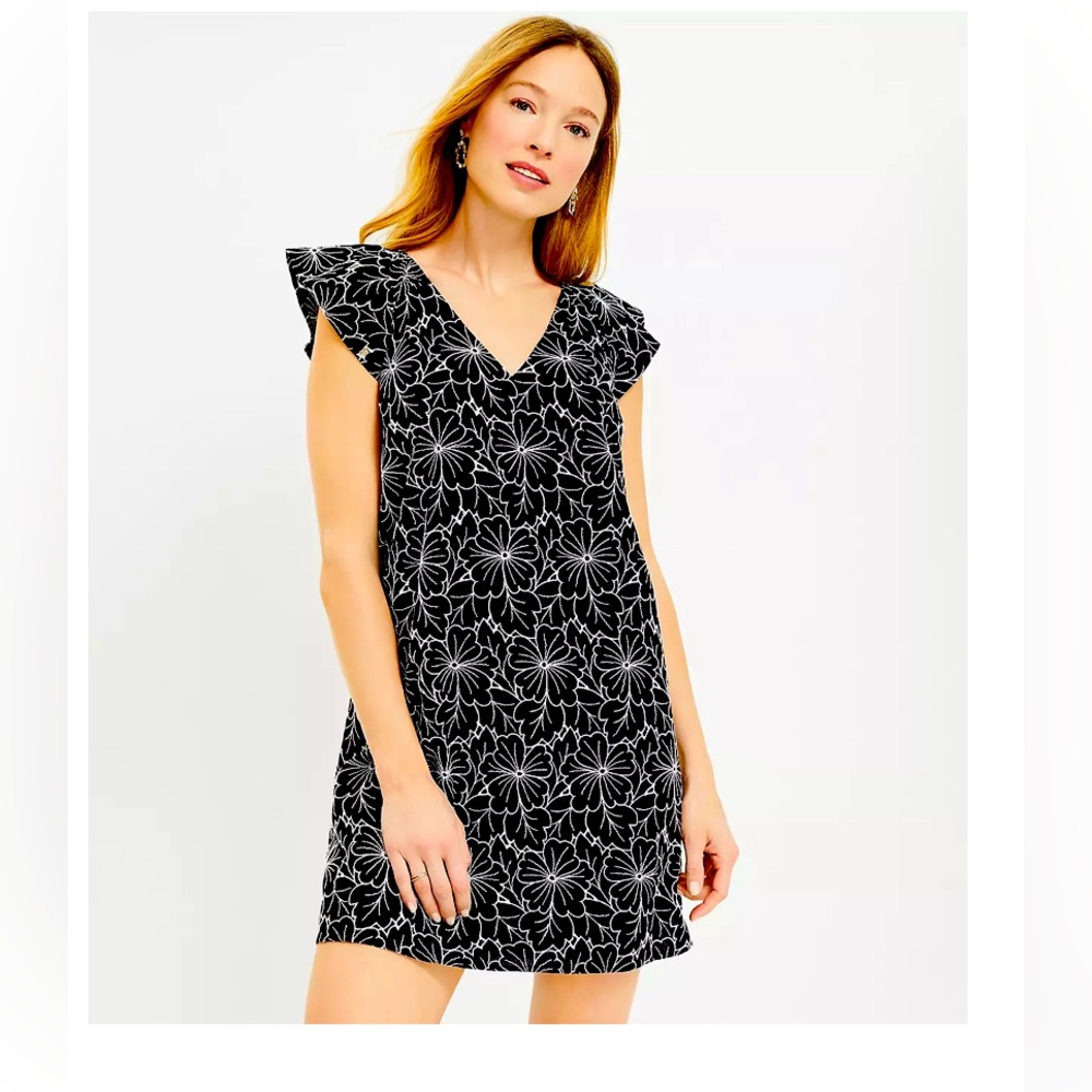 EUC LOFT Floral Embroidered Flutter Sleeve Shift Dress